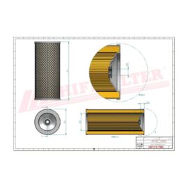 Engineering drawing of a pleated cylindrical filter element with end caps and mounting details, shown in multiple views with dimensions