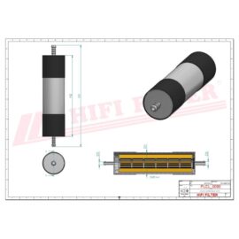Technical drawing of a cylindrical HIFI FILTER component with side, end, isometric, and cross‑section views showing end fittings and internal filter element.