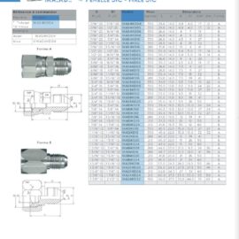 Catalog page for straight adapters (Femelle JIC - Male JIC) with Forme A/B drawings and a dimensions table