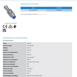 Capture décran 2026-06-02 093455 Inductive proximity sensor IM12-06BPS-ZC1 with a metal threaded body and blue sensing tip; datasheet shows type and reference 6027511