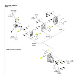 Exploded diagram of PVH/PVMD valve assembly with numbered parts and fasteners, seals, and gaskets for assembly reference.