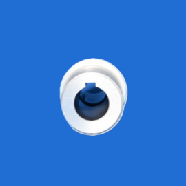 White circular plastic fitting with a blue inner bore on a blue background (close-up)