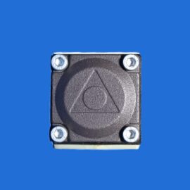 Close-up of a dark textured metal plate with four silver bolts, set against a solid blue background.