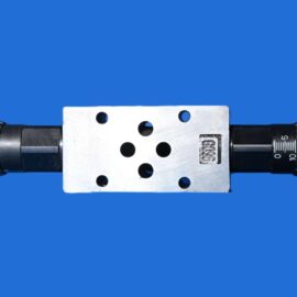 Metal mounting plate with multiple holes centered between two black knob-style clamps on a blue background.