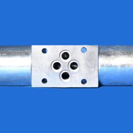 Metal hydraulic cylinder with a square mounting plate featuring four holes, set against a solid blue background with black end caps at each side.