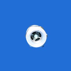Close-up of a metal turbine impeller inside a circular housing on a blue background.