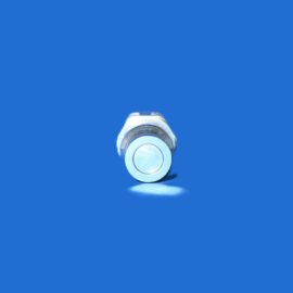 Close-up of a stack of metal washers descending against a solid blue background