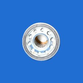 Metal bearing viewed from above against a solid blue background, showing circular outer ring and bolt holes (industrial component).
