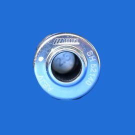 Close-up of a metallic combination lock dial on a blue background.