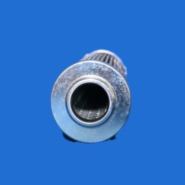 Close-up of a metallic threaded pipe fitting against a solid blue background