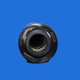 Close-up of a black camera lens set against a solid blue background, showing the outer ring and glass elements partially visible in the center.