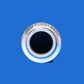 Close-up of a silver camera lens barrel with engraved numbers, set against a blue background.