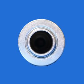 Close-up of a metallic circular object with a black center against a solid blue background.