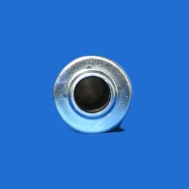 Close-up of a shiny silver metal circular object with a central dark hole at the bottom of a solid blue background.