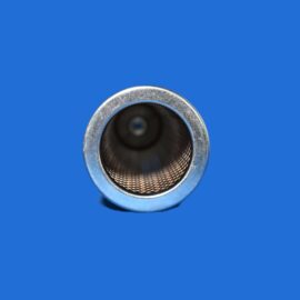 Close-up of a silver metal cylindrical opening with a knurled inner surface against a solid blue background.