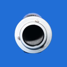 Close-up of a metal pipe end with a circular opening, bolts visible around the rim, set against a blue background.