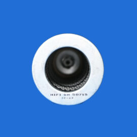 Close-up of a silver circular camera lens housing against a solid blue background, resembling a security camera lens.
