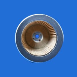 Close-up of a cylindrical filter element with a copper pleated interior and metal ring, set against a blue background, viewed from the end.