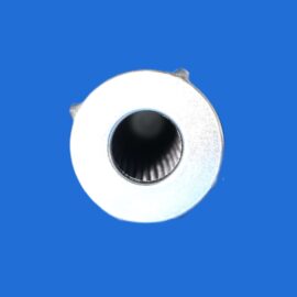Close-up of a silver metal cylindrical object with a central hole on a blue background, viewed from above.