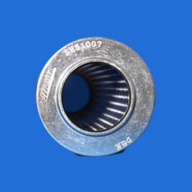 Close-up view of a metal bearing race with inner threads, set against a solid blue background.