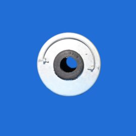 Close-up of a silver metal can lid with a central hole, set against a solid blue background.