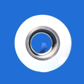 Close-up of a metal threaded ring inside a white circular plate against a solid blue background.