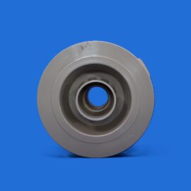 Close-up of a gray circular metal component with a central bore on a blue background.