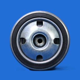 Close-up of a metal pulley with three square cutouts and a central bore, on a solid blue background.