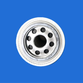 Close-up of a silver metal car wheel rim with multiple bolt holes, set against a solid blue background