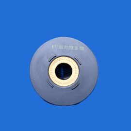 Close-up of a gray circular oil filter with a tan gasket, partial view on a solid blue background; inscription reads 'HIFI OIL FILTER SO 7001'.