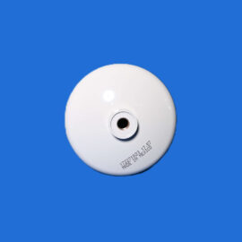 White circular device with a small central hole on a solid blue background.