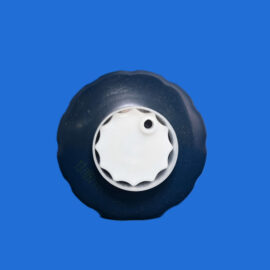 Close-up of a black diving mask with a white frame and round eye holes on a solid blue background