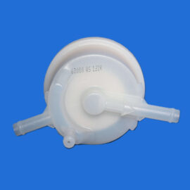 Close-up of a white medical breathing mask component with tubing on a blue background, showing the circular housing and connector.