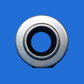 Close-up of a silver metal washer against a bright blue background, showing its circular ring shape.