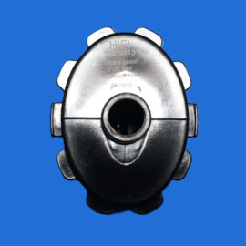 Front view of a metal gas mask centered on a solid blue background, no people present.