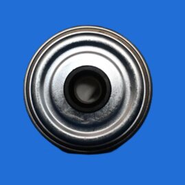 Close-up of a shiny metal can lid seen from above on a blue background.