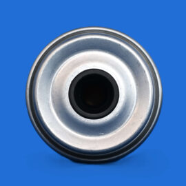 Close-up of a shiny metal can lid against a bright blue background.