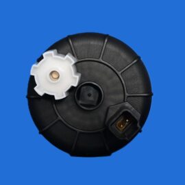 Circular black plastic reel with a white gear-shaped insert on a solid blue background