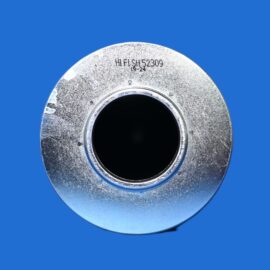 Close-up of a brushed metal washer with a large central hole on a blue background.