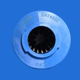 Close-up of a blue circular mechanical fitting with a dark inner bore and engraved numbers on the rim against a blue background.