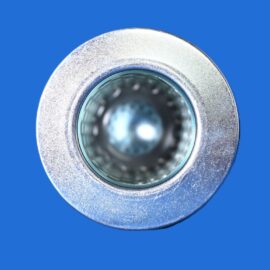 Close-up of a silver circular metal ring with a glass center on a blue background.