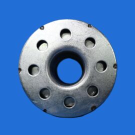 Close-up of a silver metal flange with multiple circular holes on a bright blue background.
