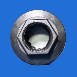 Close-up of a metal hex nut with inner threads, set against a solid blue background.