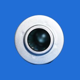 Close-up of a silver camera lens housing on a solid blue background.