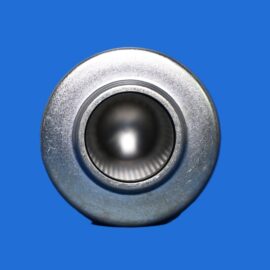 Close-up of a silver metallic circular object with a hollow center on a blue background.