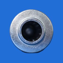 Close-up of a textured silver metal ring (nut/bushing) on a solid blue background, showing its inner hole and circular grooves.