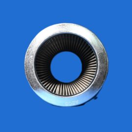 Close-up of a metal ring with a ribbed inner edge against a blue background.