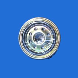 Close-up of a shiny metal can lid with circular holes, set against a blue background.