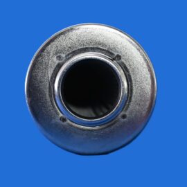 Close-up of a metal circular lens mount with screws, set against a solid blue background.