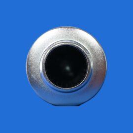 Close-up of a shiny chrome circular ring with a black center on a blue background.